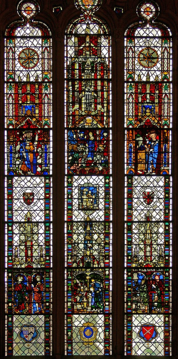 Vindu w31 som viser et sammensatt vindu med St Edmund, St William, St George, Annunciation, Adoration of the Magi av English School