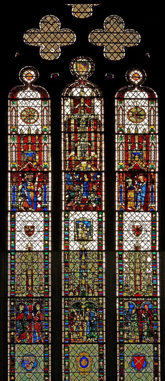Vindu w31 som viser et sammensatt vindu med St Edmund, St William, St George, Annunciation, Adoration of the Magi av English School