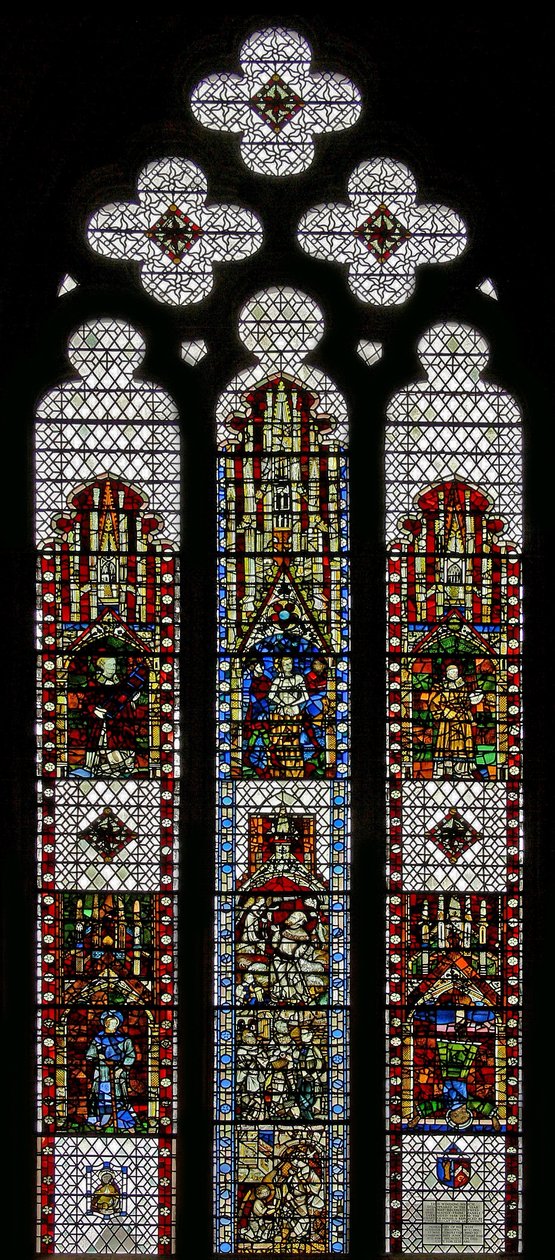Vindu w32 som viser St. George, St. Lawrence, St. Stephen, St. Cuthbert, St. Peter, St. Anne, St. Joachim av English School