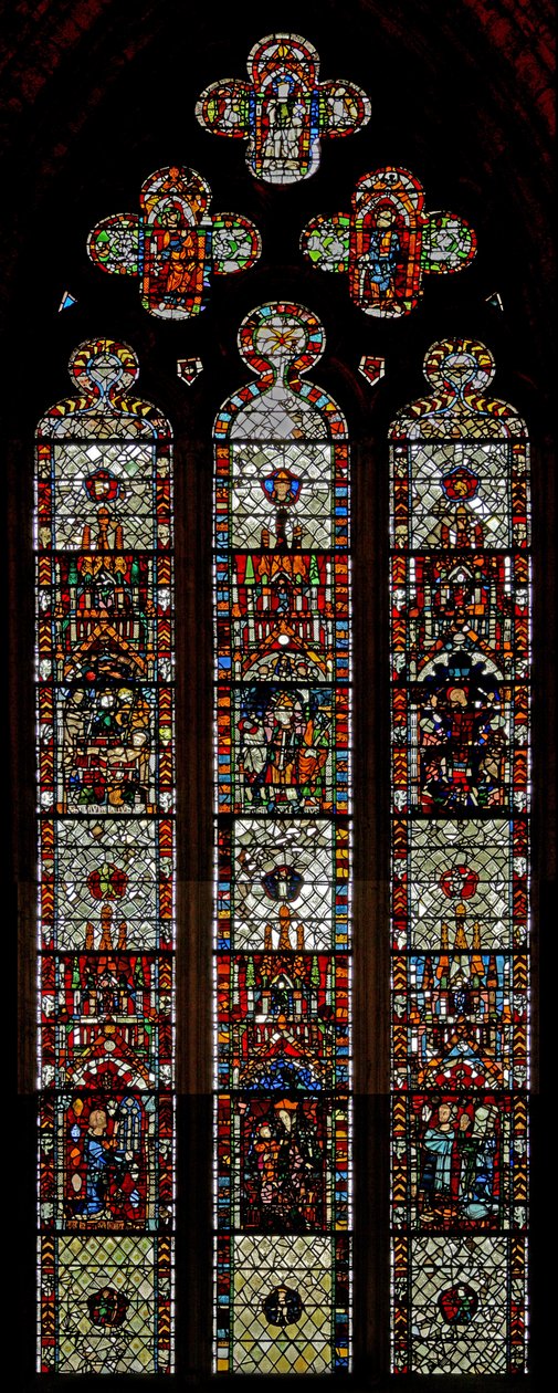 Vindu w39 som viser martyrdommene til St Laurence, St Denys og St Eleutherius av English School
