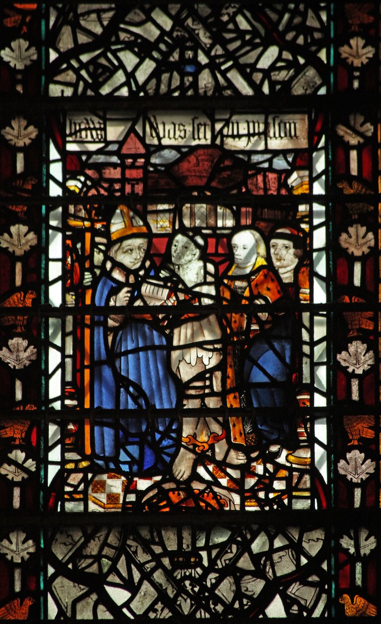 Vindu w58 som viser St Thomas Becket med en fange og 2 andre figurer av English School