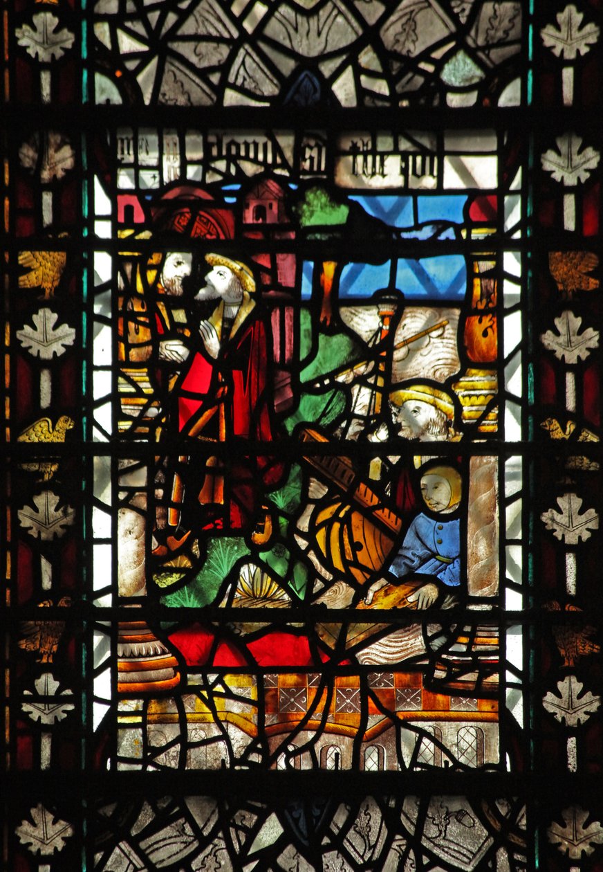 Vindu w58 som viser en scene fra historien om St Thomas Becket - en ilandstigningsscene av English School