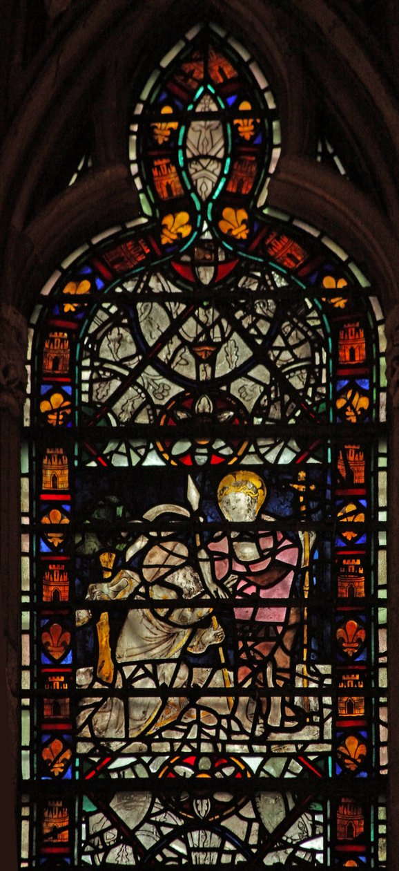 Vindu w58 som viser den tvilende St Thomas; grisaille og border av English School