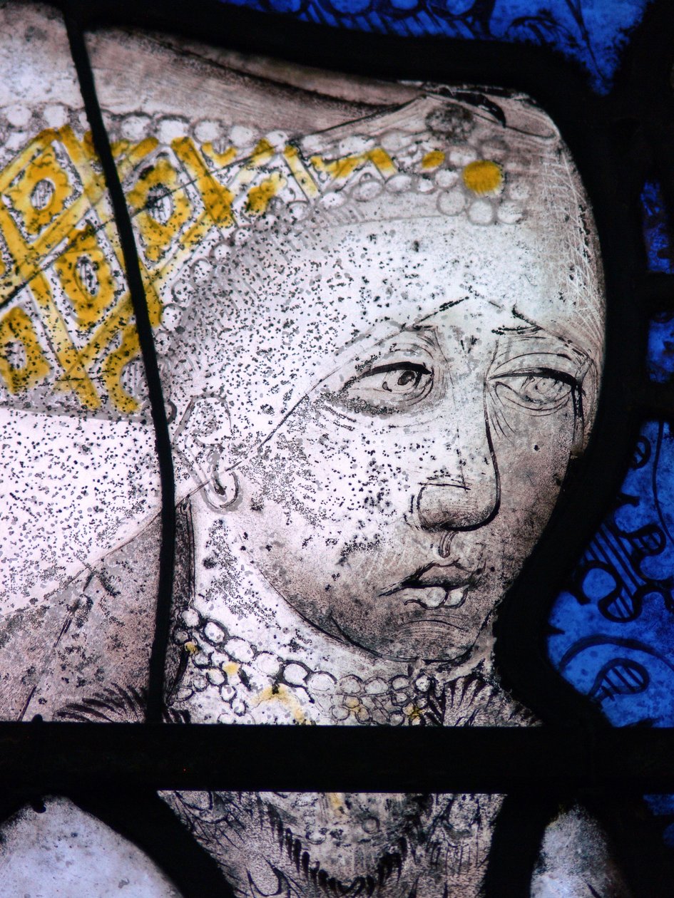 Vindu w5 som viser Margaret Fray, kona til Sir John Leynham - detalj av English School
