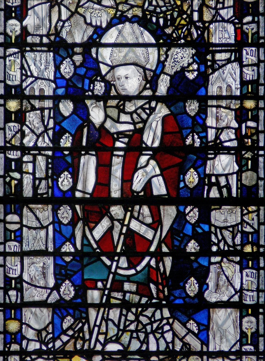 Vindu w6 som viser St Nicholas; kant med figurer av English School