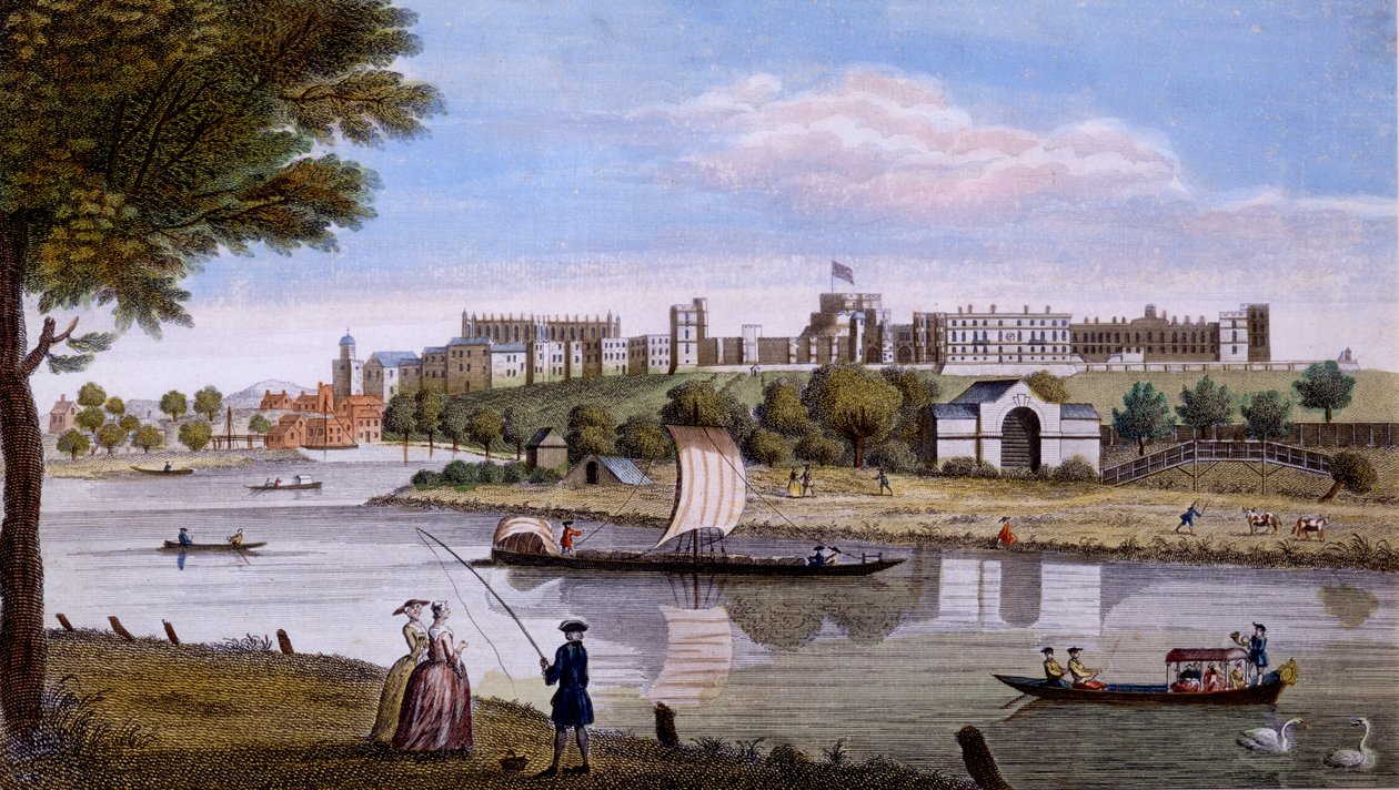 Windsor Castle fra over Themsen, ca. 1760-tallet (håndfarget gravering) av English School