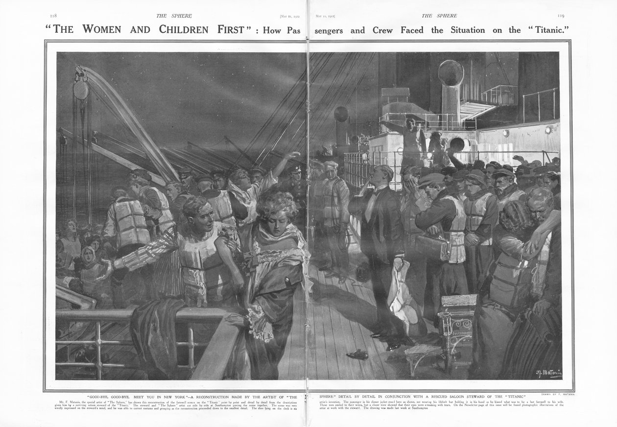 Woman and Children First: Hvordan passasjerene og mannskapet møtte situasjonen på Titanic, fra The Sphere, 11. mai 1912 av English School