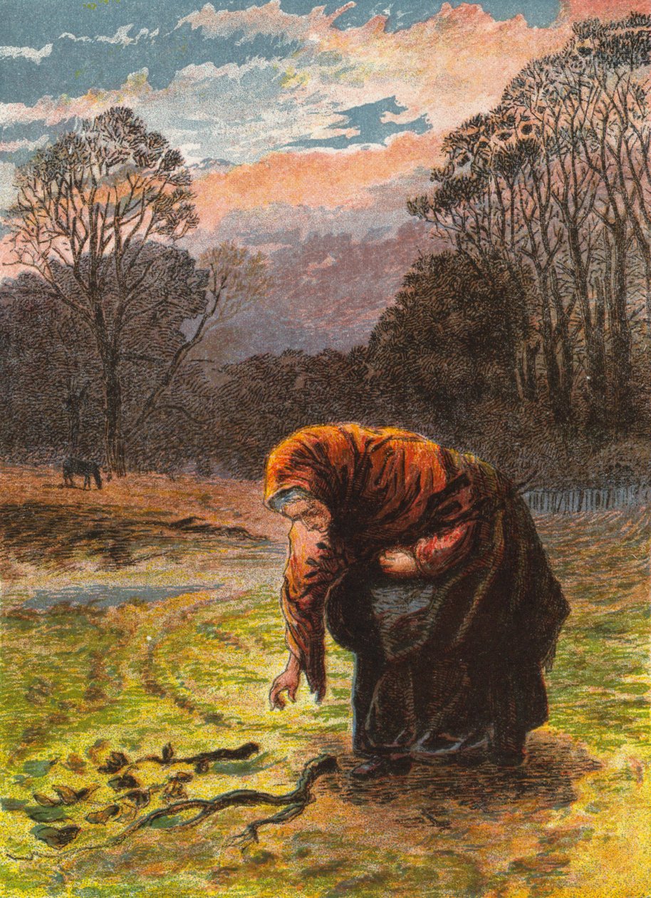 Kvinne som samler ved (fargelitografi) av English School