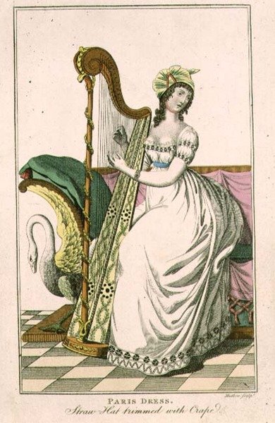 Kvinne i en Paris-kjole og en stråhatt trimmet med Crepe Playing the Harp, illustrasjon fra 