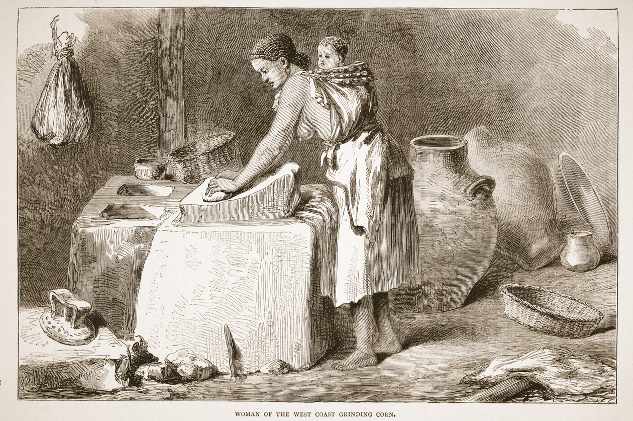 Woman of the West Coast maler mais, illustrasjon fra The Pictorial Edition of the Life and Discoveries of David Livingstone av J. Ewing Richie, pub. av A. Fullarton & Co., 1876 av English School