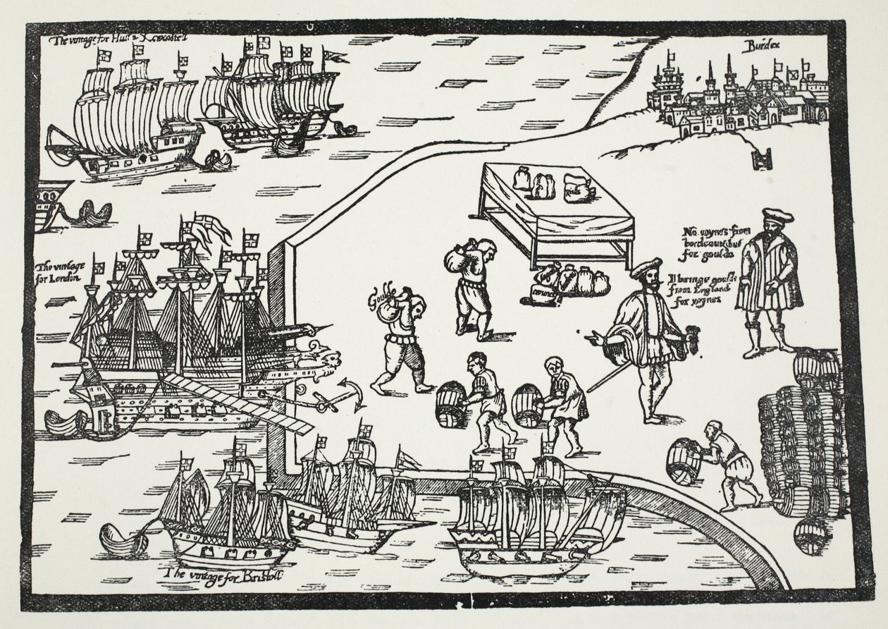 Tresnitt som illustrerer vinhandelen mellom Bordeaux og England av English School
