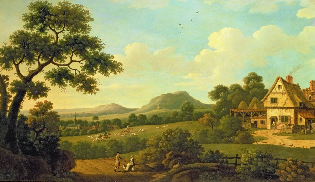 Skoglandskap med figurer ved en veikant, ca. 1770 av English School