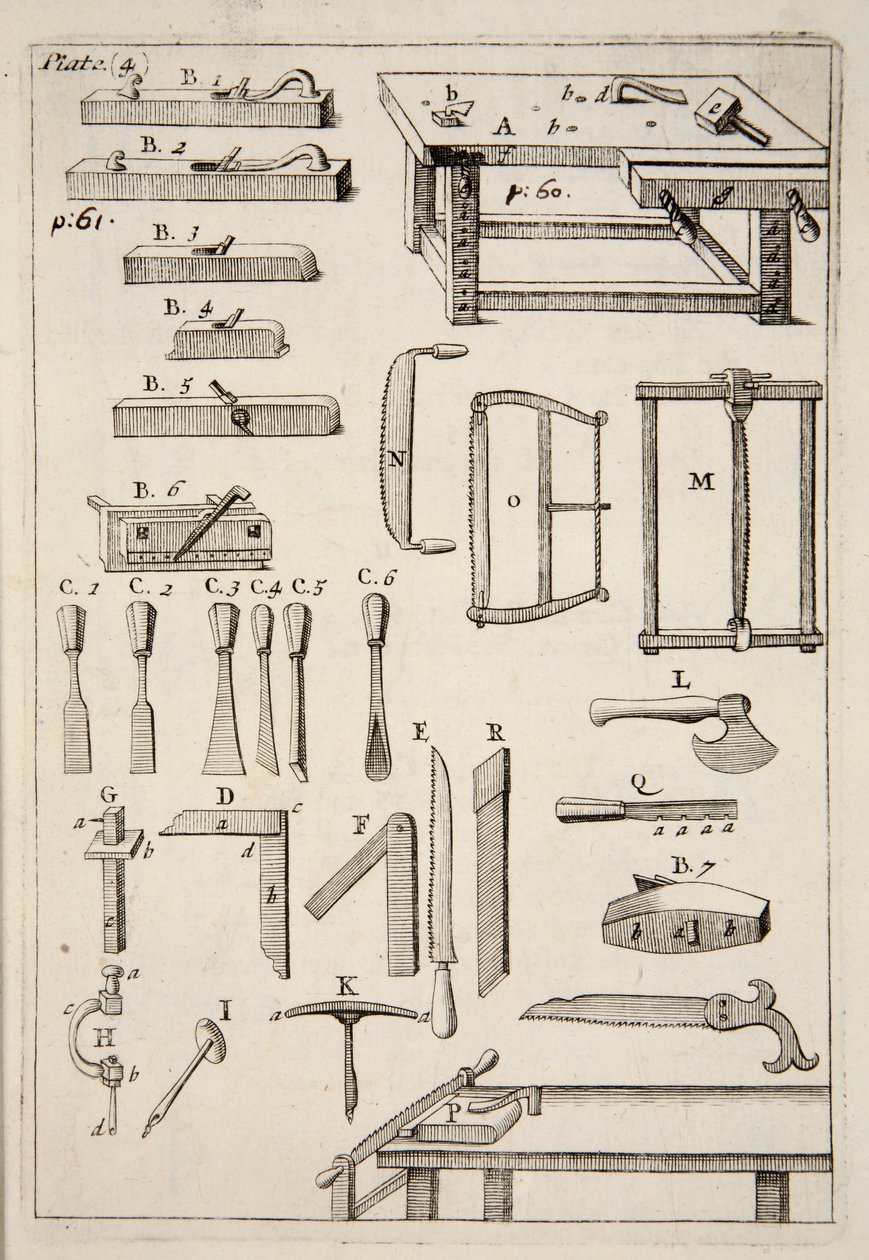 Trebearbeidingsverktøy, pub. 1683 gravering. av English School