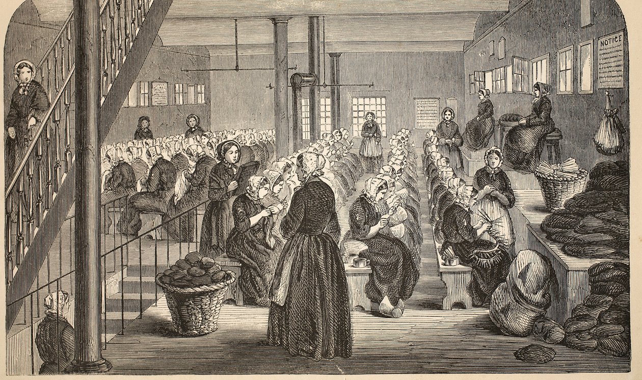 Arbeidsrom, på Silent System, ved House of Correction, Tothill Fields, illustrasjon fra The Criminal Prisons of London og Scenes from Prison Life av Henry Mayhew og John Binny, pub. 1862 (eng av English School