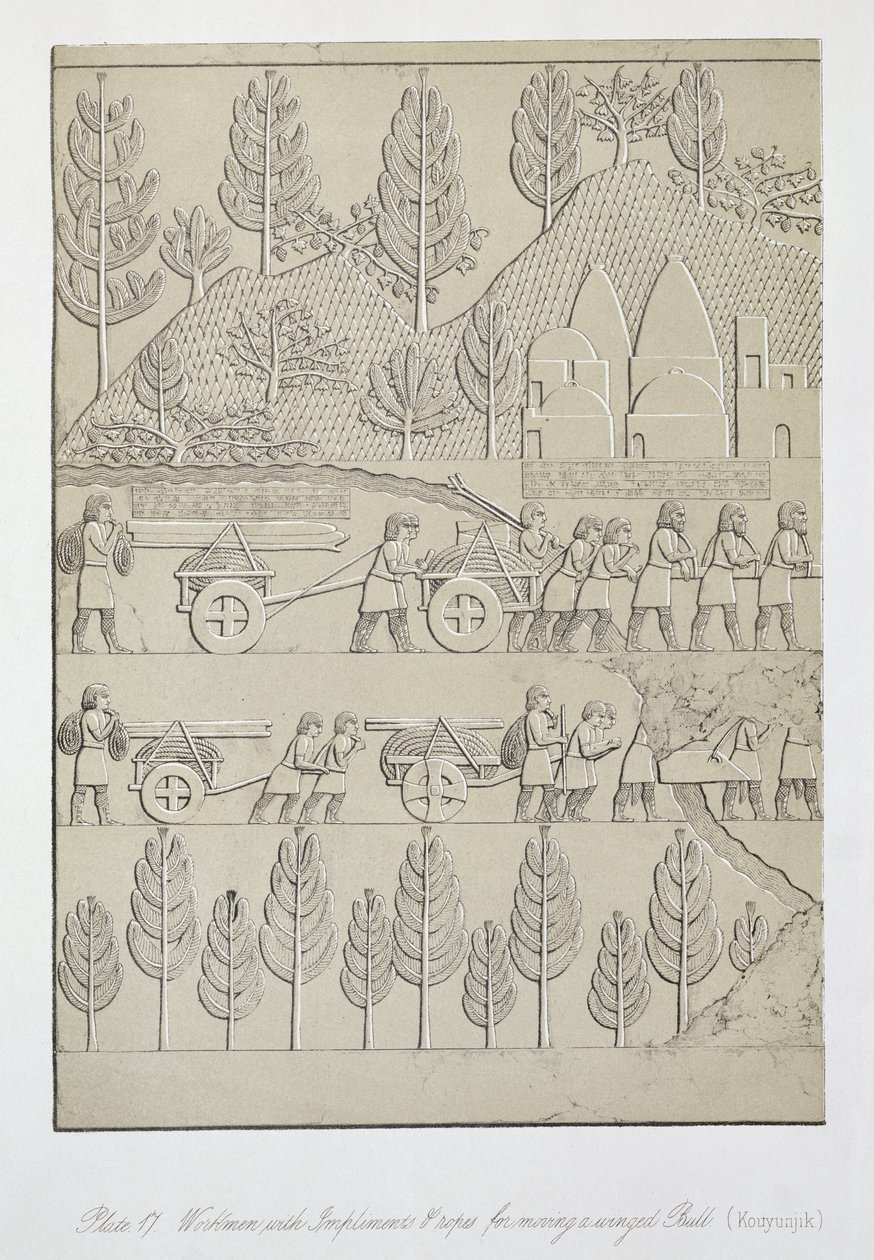 Arbeidere med redskaper og tau for å flytte en bevinget okse, plate 17 fra Nineveh and its Remains av Austen Henry Layard (1817-94) publisert 1849 av English School