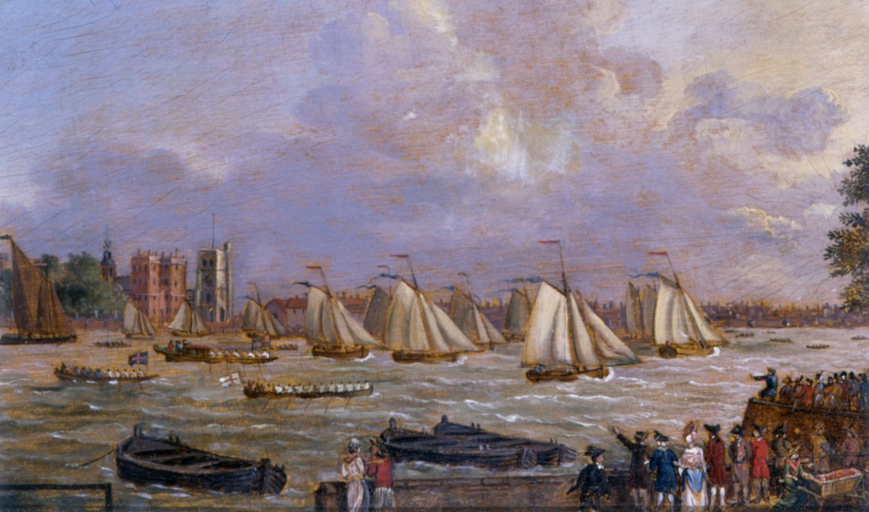 Yachts of the Cumberland Fleet kappløp utenfor Lambeth Palace, 1775 av English School