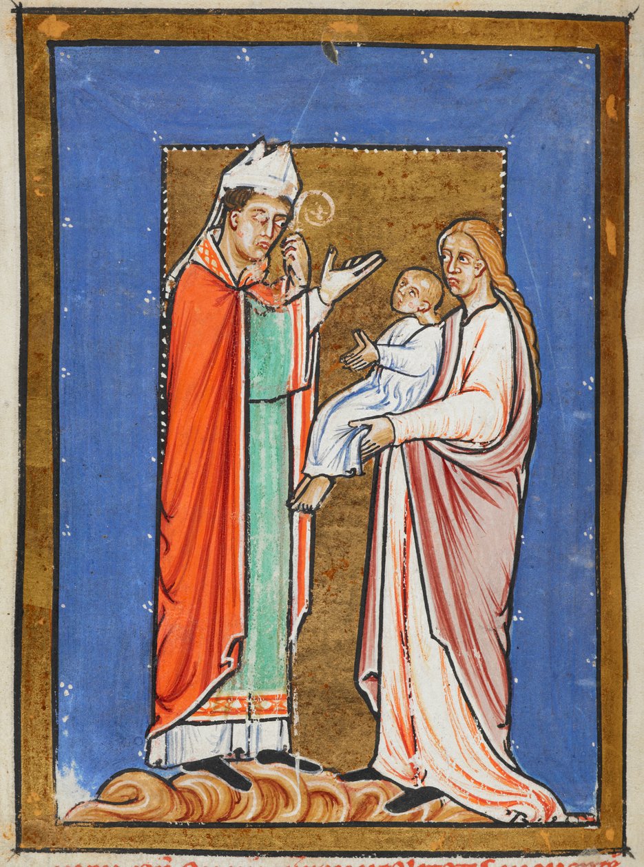 Yates Thompson 26 f.62v St. Cuthbert Healing a Child with the Plague, illustrasjon fra 