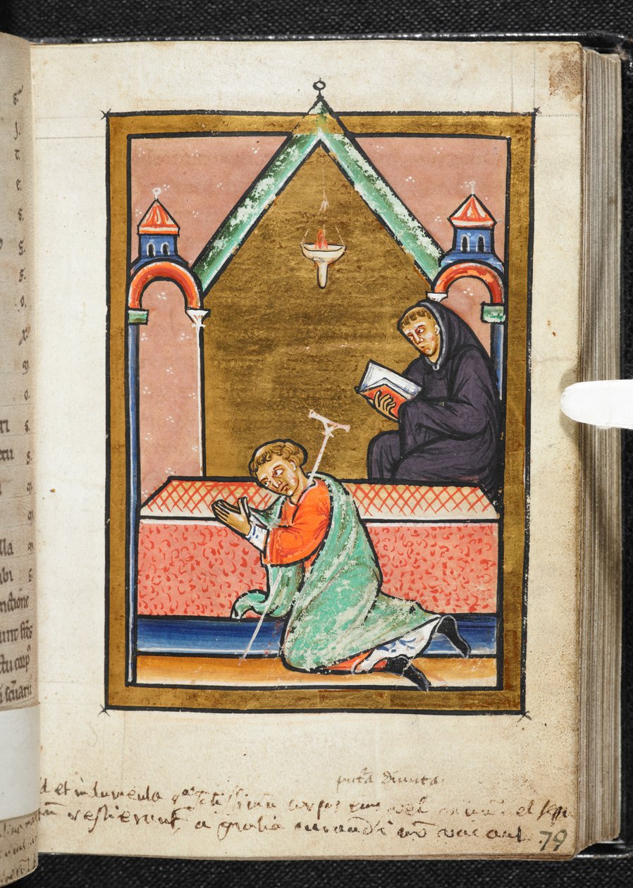 Yates Thompson Ms 26, f.79 r Cripple ber ved graven til St. Cuthbert, illustrasjon fra 