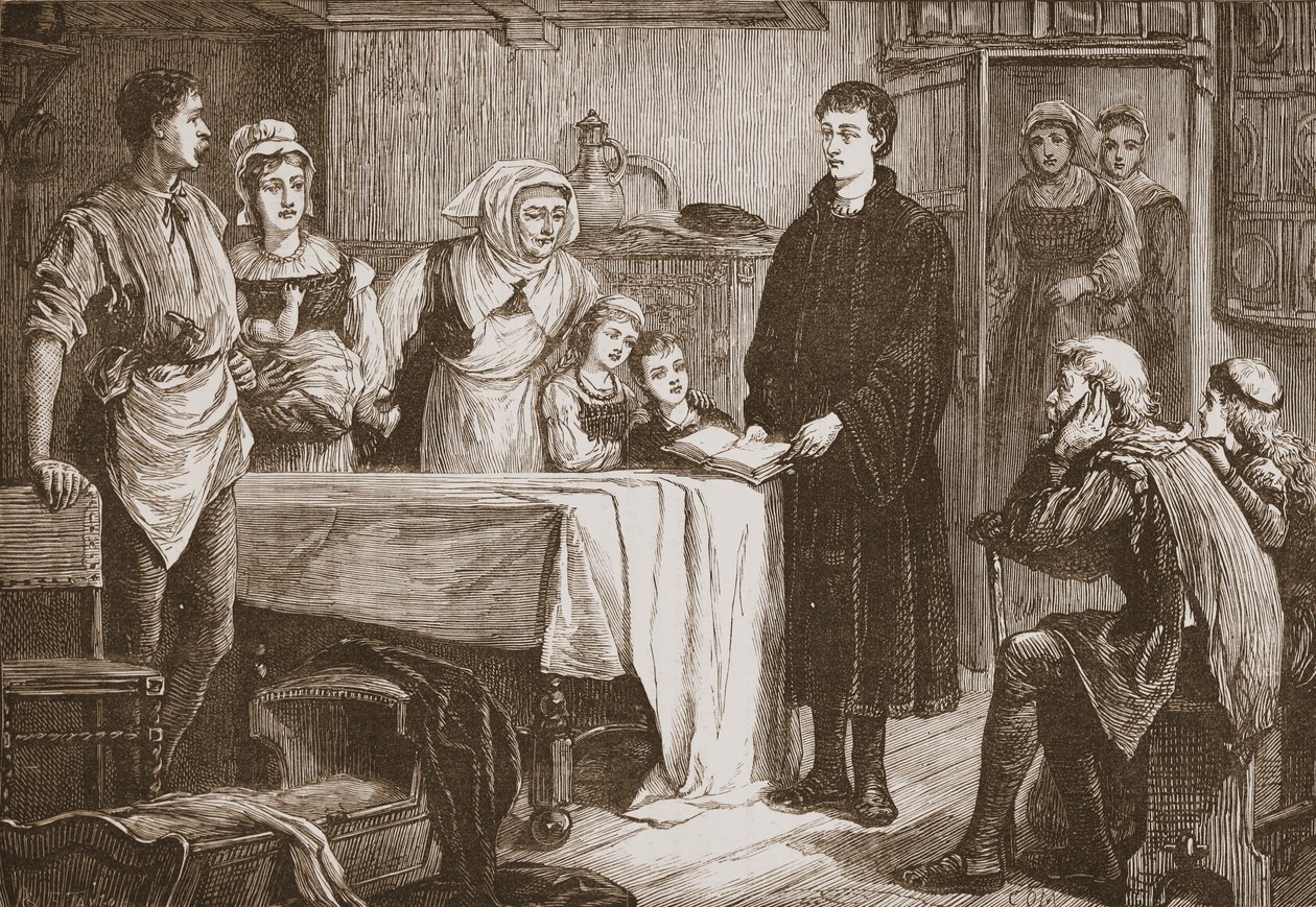 Unge Calvin forklarer Bibelen for en familie i Bourges, illustrasjon fra The History of Protestantism av James Aitken Wylie (1808-1890), pub. 1878 av English School