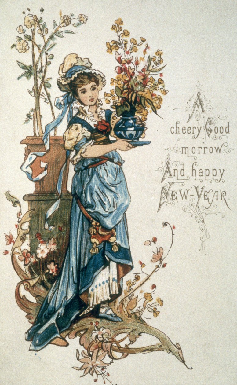 Ung jente i blått for å ønske deg en riktig god jul og nytt år, ca. 1900 av English School