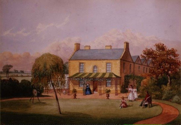 Unge kvinner øver bueskyting på plenen til et landsted, tidlig på 1800-tallet (akvarell på papir) av English School
