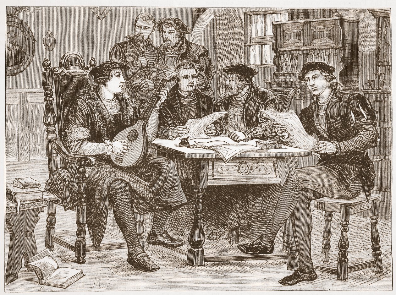 Zwingle blant vennene hans, illustrasjon fra The History of Protestantism av James Aitken Wylie (1808-1890), pub. 1878 av English School