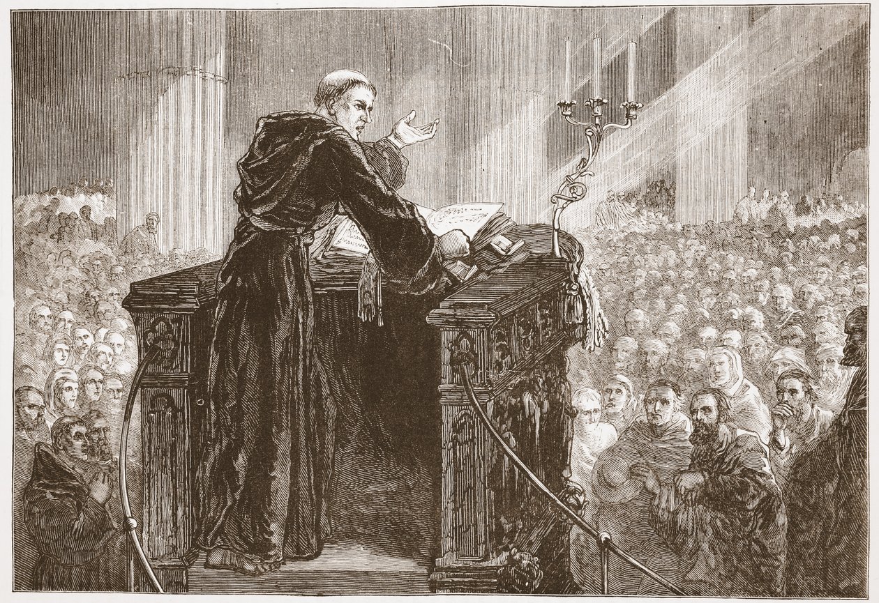 Zwingle forkynner i Zürich katedral, illustrasjon fra The History of Protestantism av James Aitken Wylie (1808-1890), pub. 1878 av English School