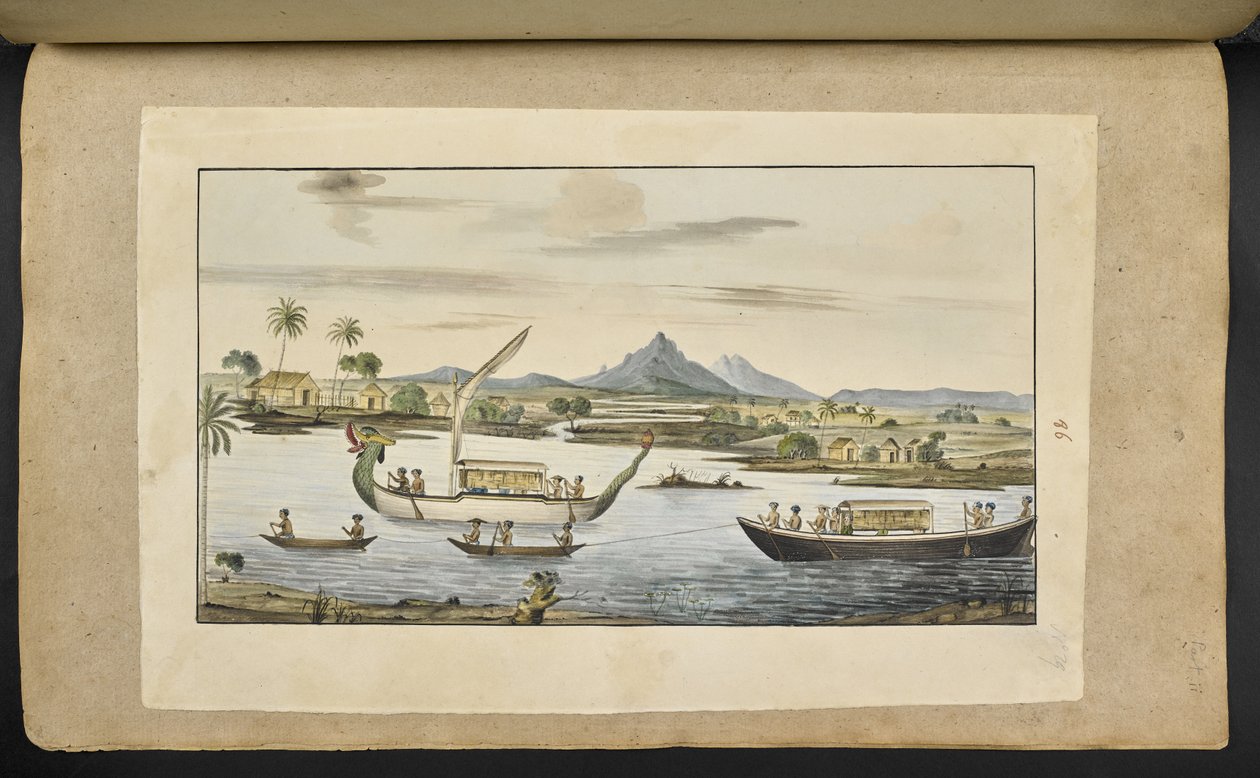 f.75 (plate 86) Elvescene på Java med båter, inkludert en dragehodebåt av English School