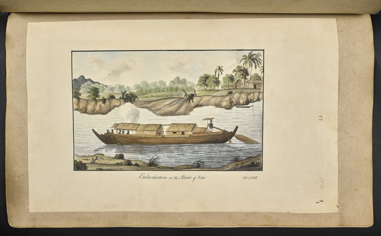 f.77 (plate 88) En båt på elven Solo (Surakarta, Sentral-Java). 4. februar 1817. Innskrevet foran med blekk: «Ombordstigning på elven Solo. 4. februar 1812.’ (akvarell på papir) av English School