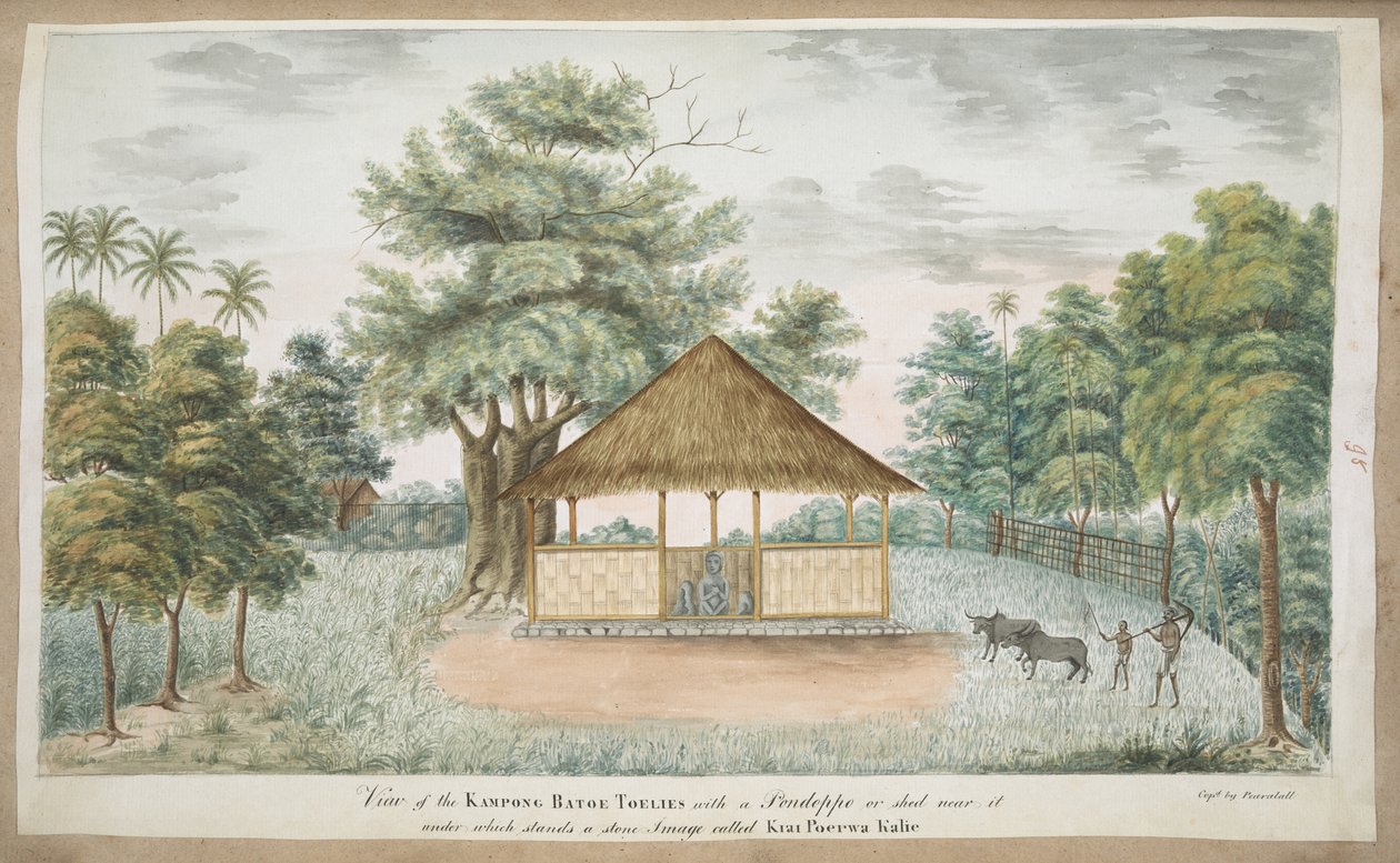 f.84 (95) Statuen av Kiay Poerwakali i et stråtak utenfor landsbyen Batu Tulis (W. Java). Innskrevet foran med blekk: Utsikt over Kampong Batoe Toelies med en Pondoppo eller skur i nærheten der det står et steinbilde kalt Kiai Poerwa Kalie. C av English School