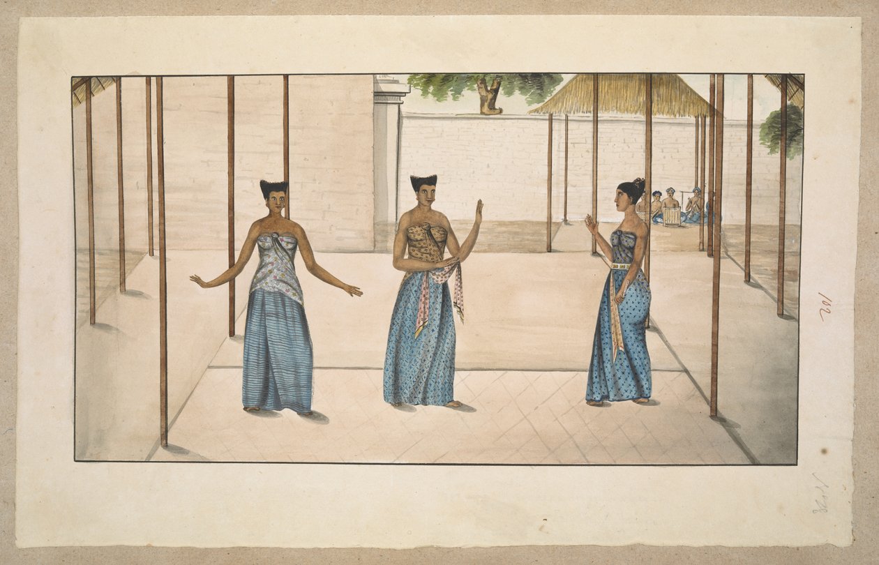 f.91 (102) Tre serimpi hoffdansere og gamelan-orkester, sannsynligvis ved Solo eller Jogja 1811-13 (blyant og akvarell på papir) av English School