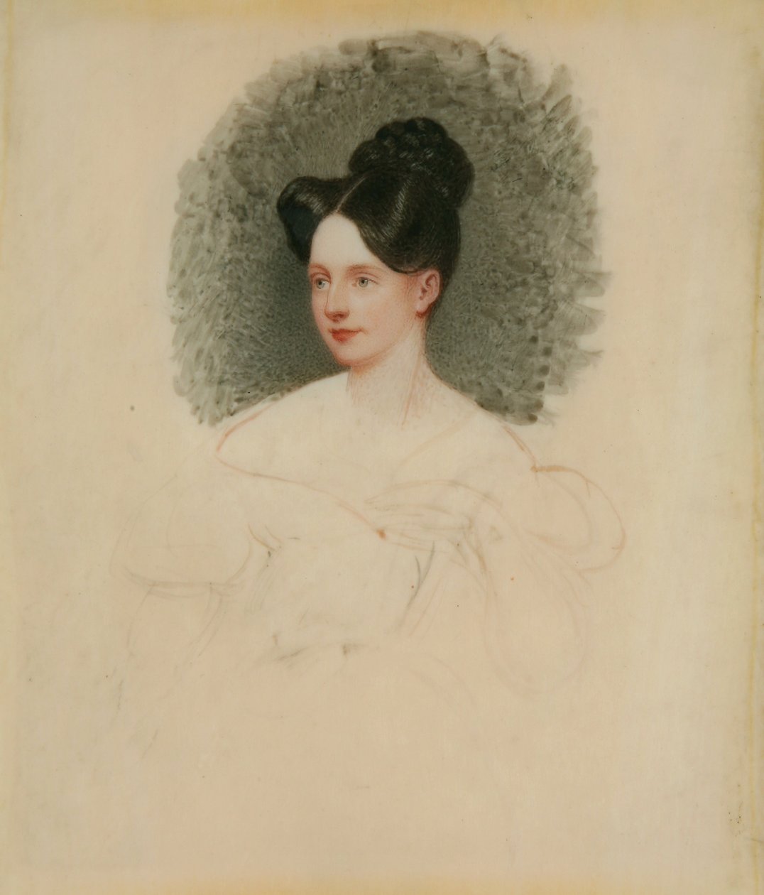 Uferdig portrett av Marianne Cregoe Colmare (senere fru Baurton Bennett) ca. 1833-34 (miniatyr på elfenben montert på kort) av English School English School