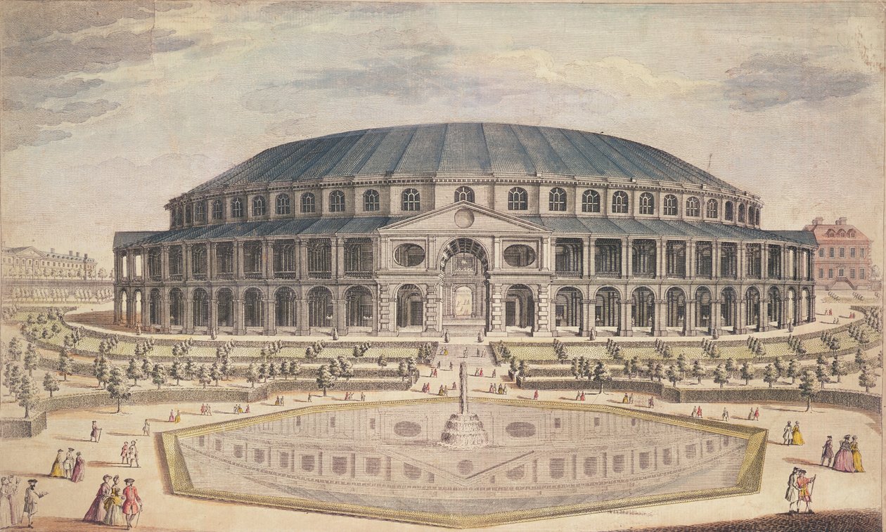 Utsikt over Royal Albert Hall (fargegravering) av English School English School