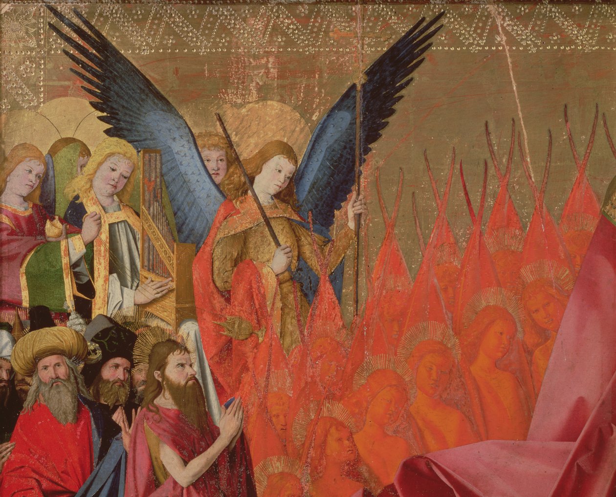 Engler og folkevalgte, detalj om Jomfruens kroning, 1453-54 olje på panel av Enguerrand Quarton