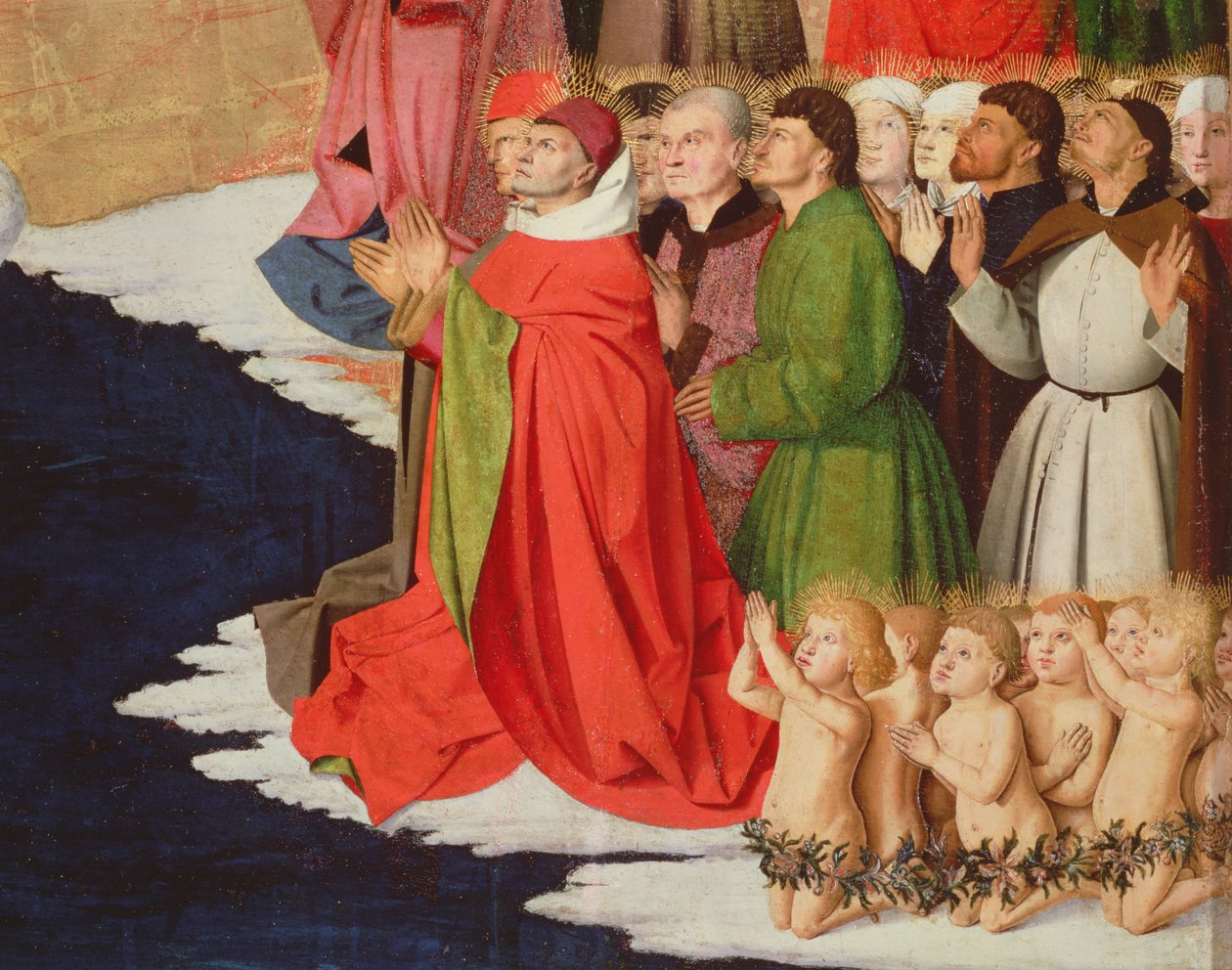 Presteskap og barn, detalj fra Jomfruens kroning, 1453-54 av Enguerrand Quarton