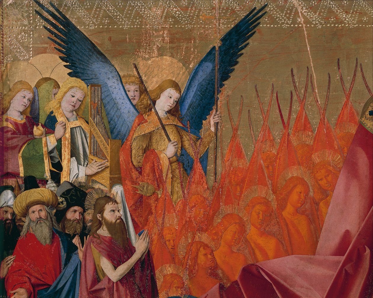 Engler og hellige, detalj fra Coronation of Virgin av Enguerrand Quarton