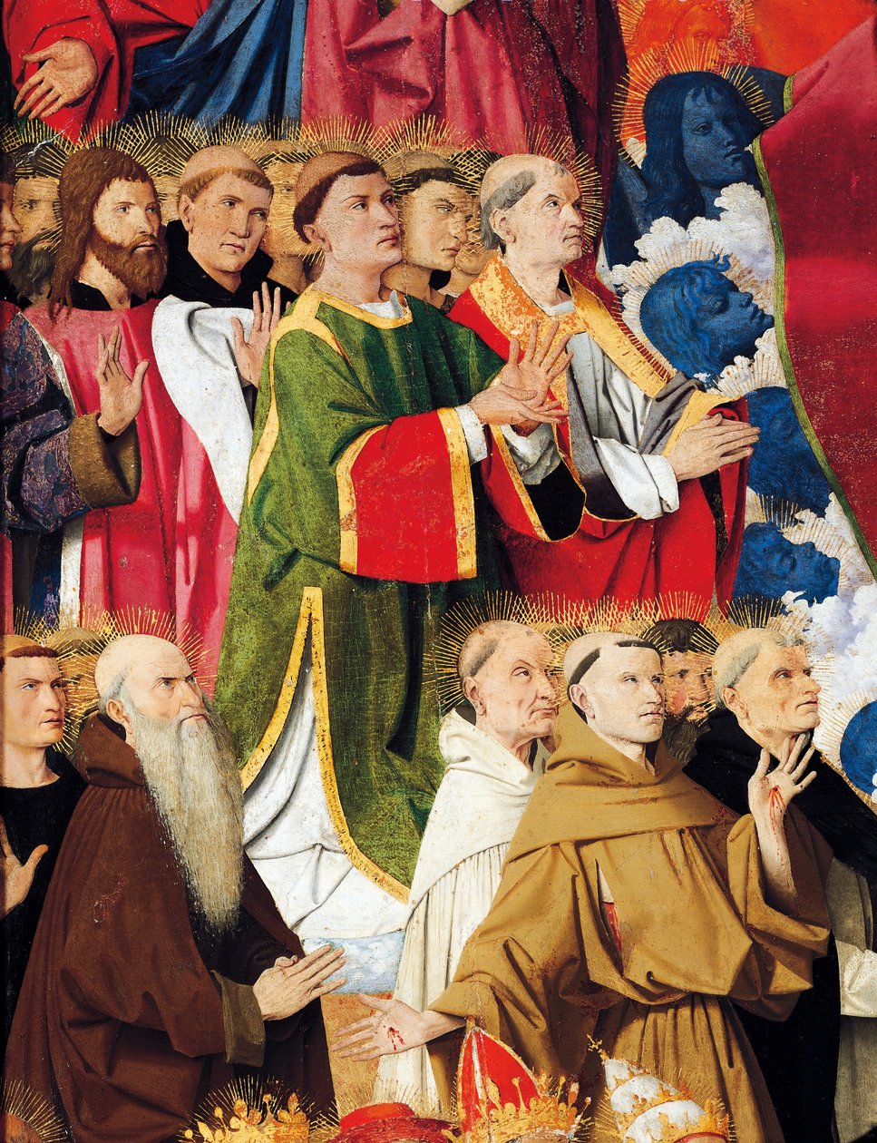Religiøse ordener og presteskap, detalj fra Coronation of Virgin Altarpiece av Enguerrand Quarton (ca. 1410-1466), tempera på panel av Enguerrand Quarton