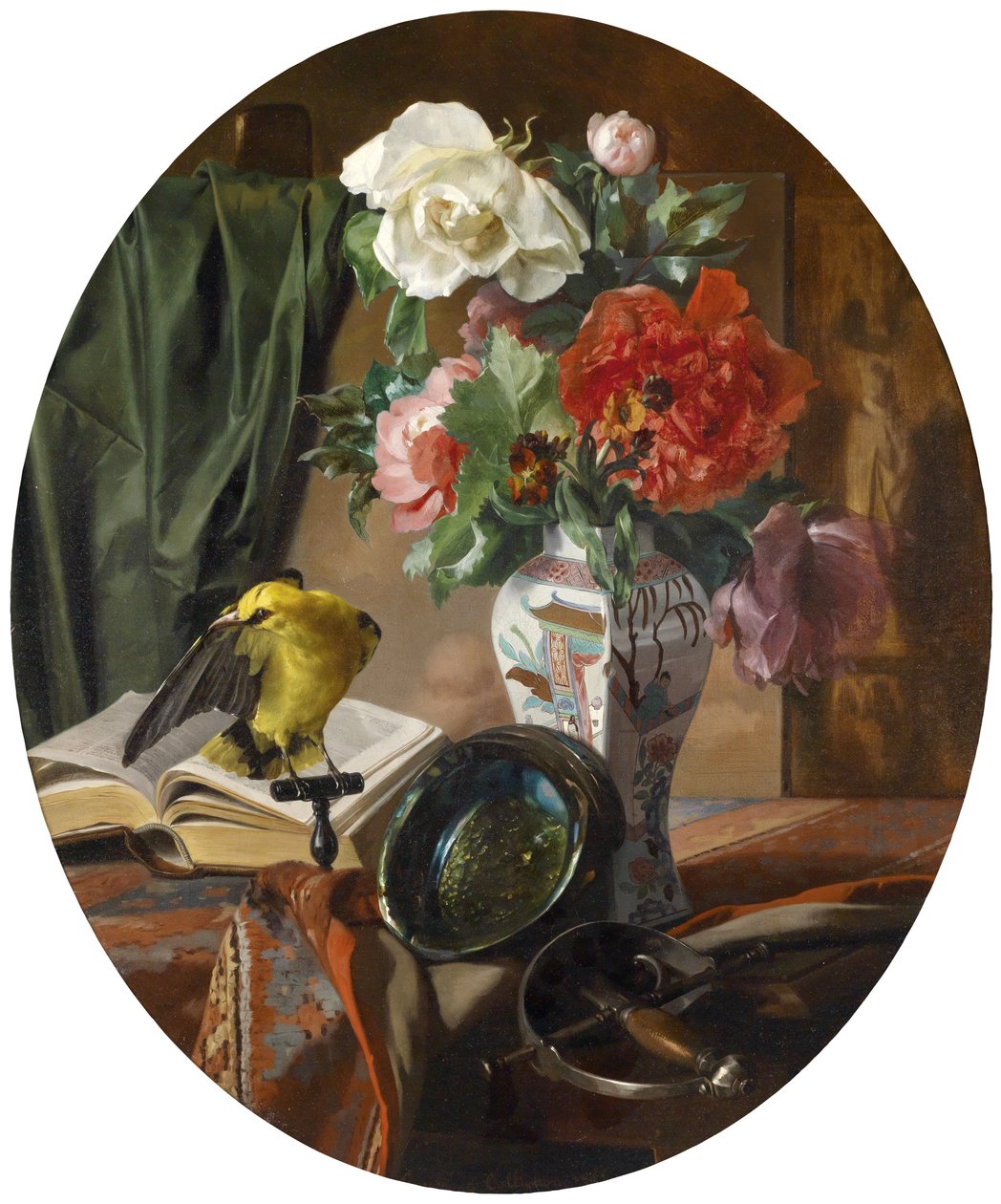 Stilleben med blomster i en kinesisk vase, fugl og ornamenter av Ennemond Collignon
