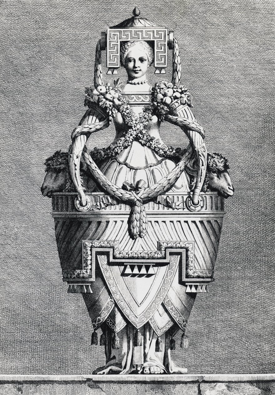 Antropomorf vase, gresk brud, gravering av Ennemond-Alexandre Petitot (1727-1801) fra Masquerade la Grecque, Suite des Vases and Cheminees, Parma av Ennemond Alexandre (after) Petitot