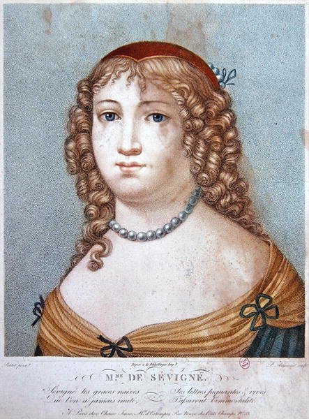 Portrett av Madame de Sevigne, tidlig på 1800-tallet (fargegravering) av Ennemond Alexandre (after) Petitot