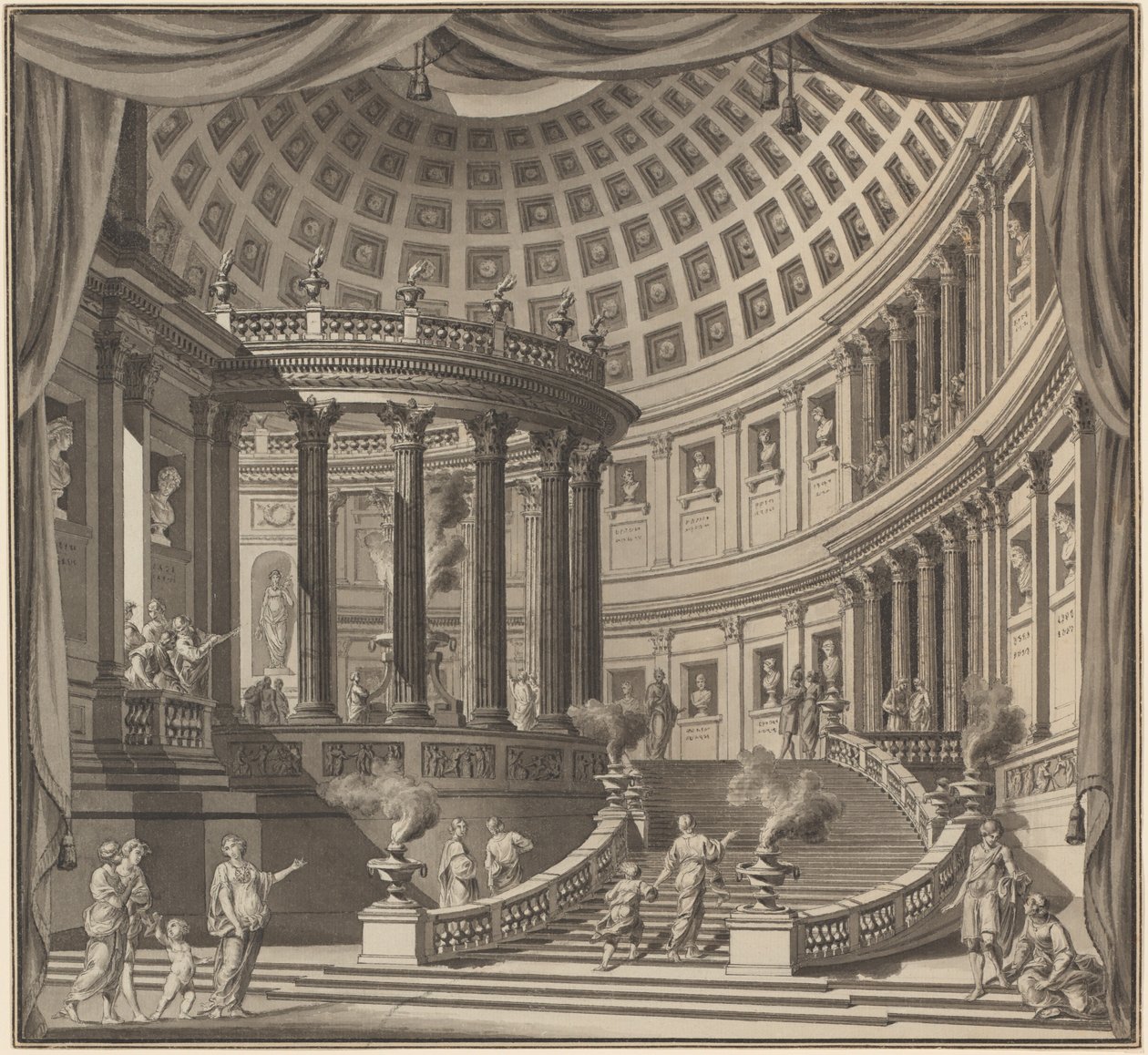 Design for et scenegardin: Interiøret til et forseggjort tempel dedikert til illustere menn av Ennemond Alexandre Petitot