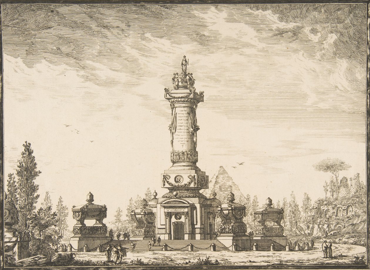 Forhøyning i perspektiv av en begravelsessøyle beregnet på begravelsen..., 1746-50. av Ennemond Alexandre Petitot