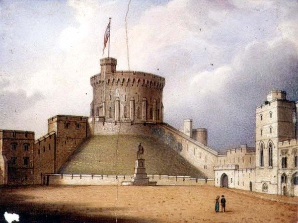 Worcester-plakett som viser Round Tower, Windsor Castle, ett av et par, ca. 1830-40 (porselen) (for par se 72834) av Enoch Doe
