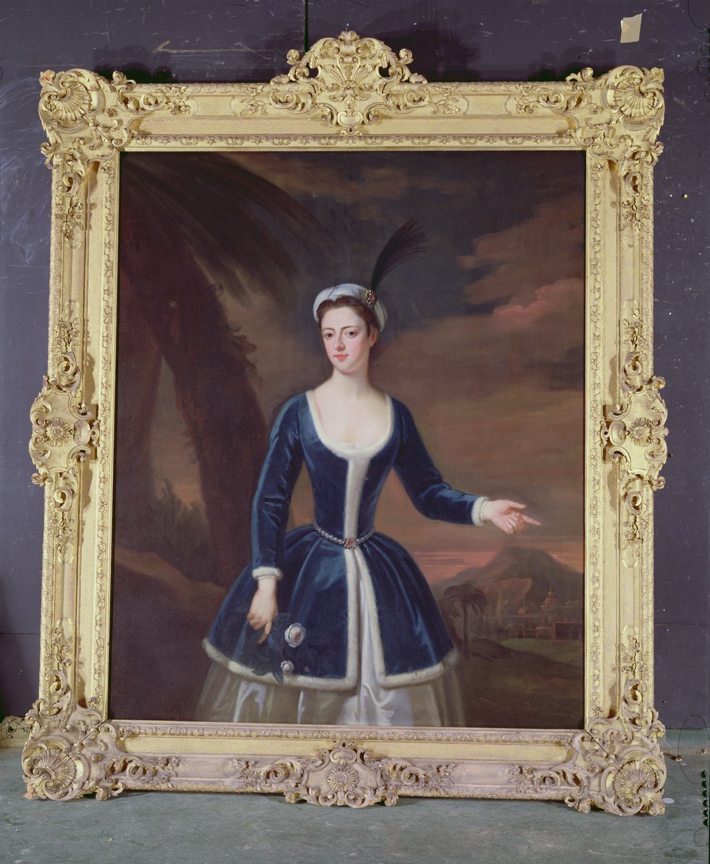 Portrett av Mary Slingsby i et østlig landskap av Enoch Seeman