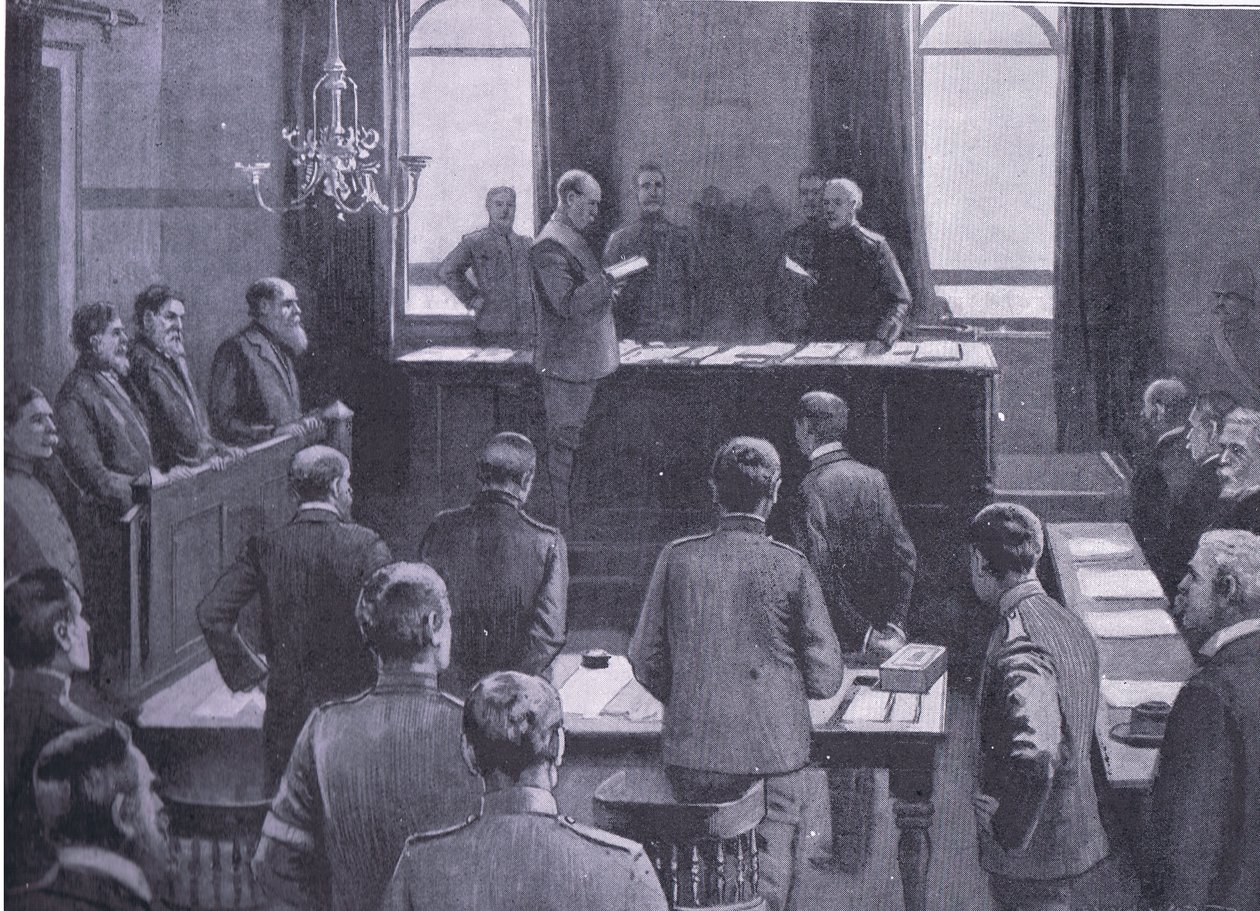 En rettssak for forræderi i Bloemfontein, fra After Pretoria: The Guerilla War utgitt av Harmsworth Bros Limited, 1901 av Enoch Ward