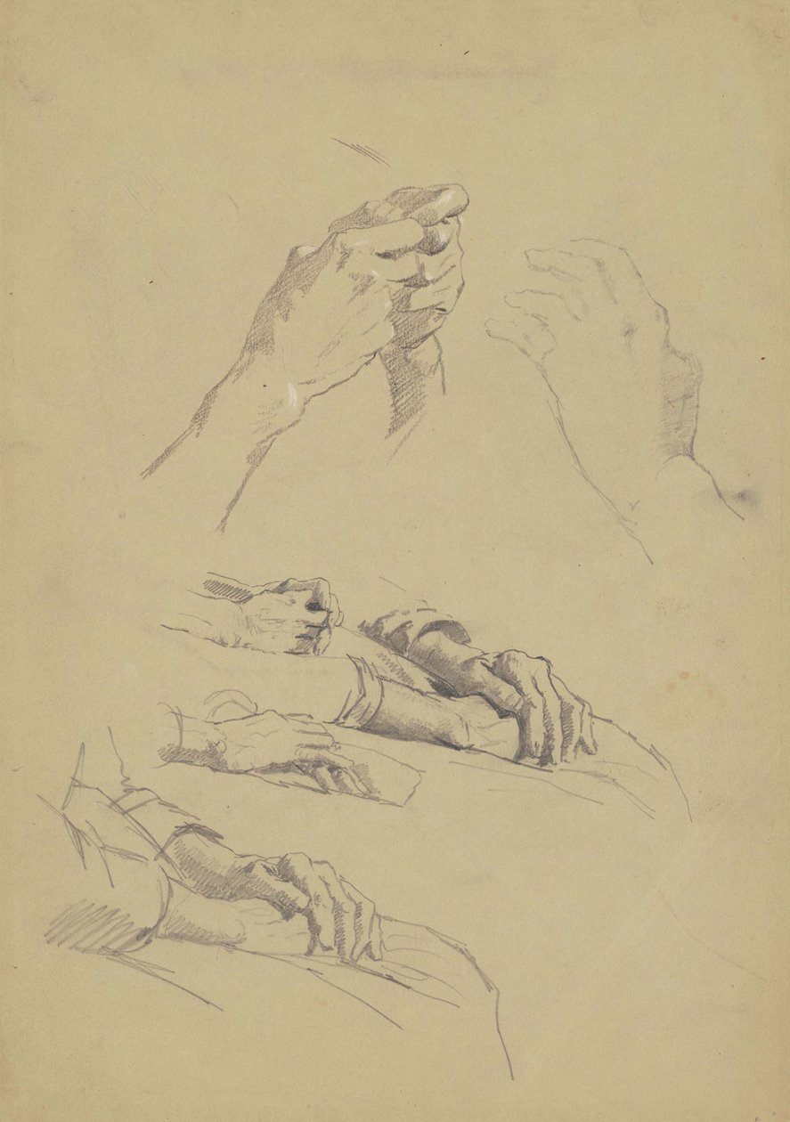 Six Studies of Hands, ca. 1870-90 (grafitt og kritt på brunt vevd papir) av Enoch Wood Perry