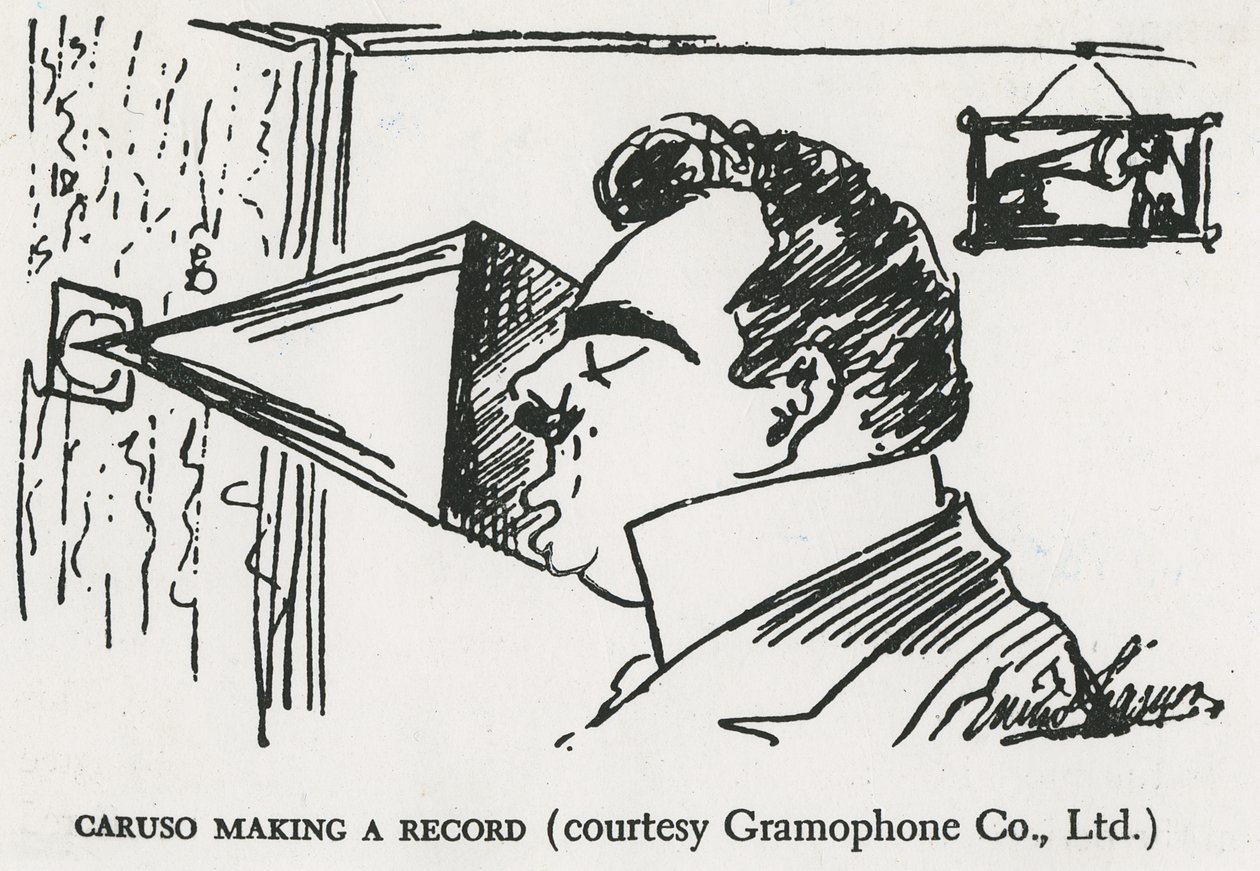 Caruso gjør sin første grammofoninnspilling, 1902 (tegning) av Enrico Caruso