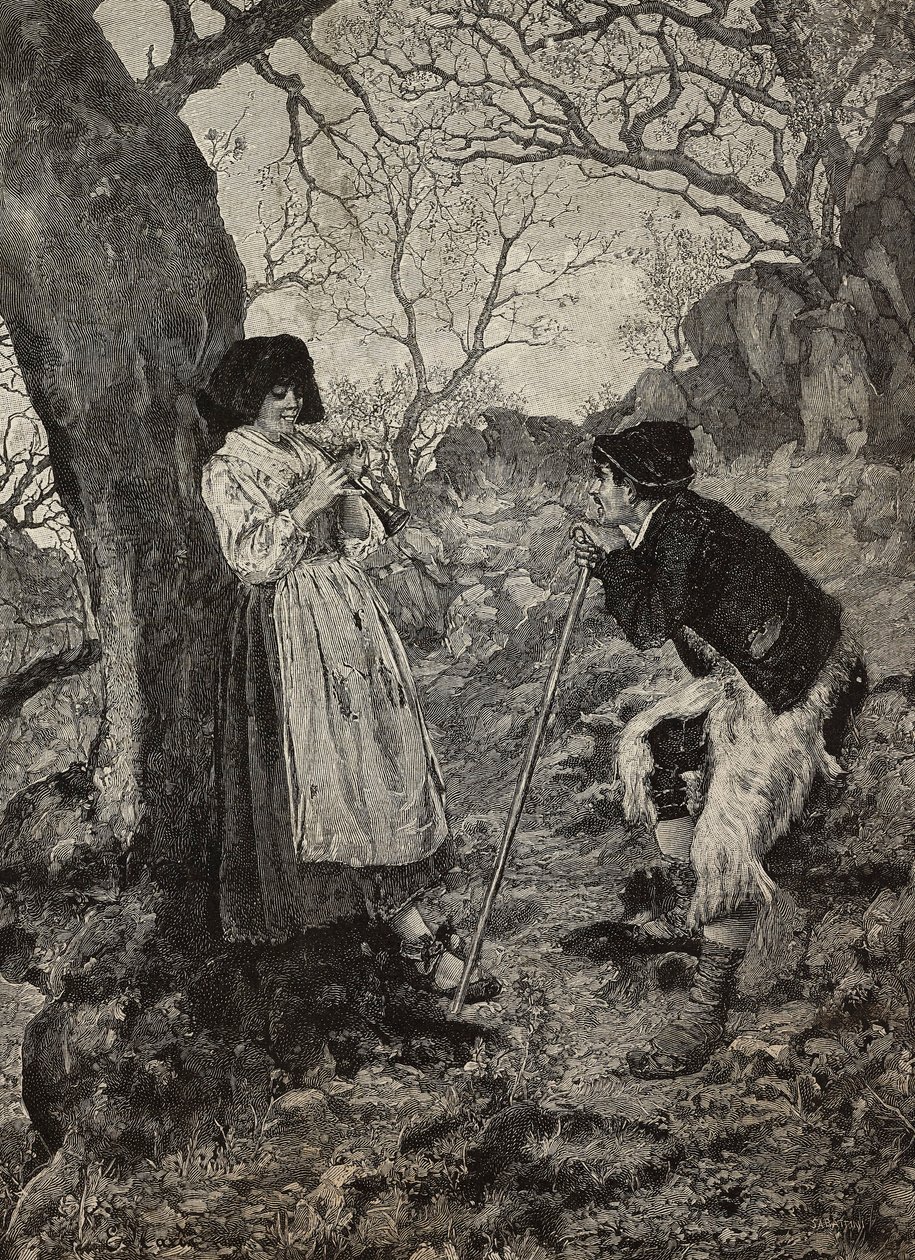 Idyll, hyrde som lytter til ung kvinne som spiller fløyte, gravering av G Sabattini fra akvarell av Enrico Nardi, fra L'Illustrazione Italiana, nr. 12, 23. mars av Enrico Nardi