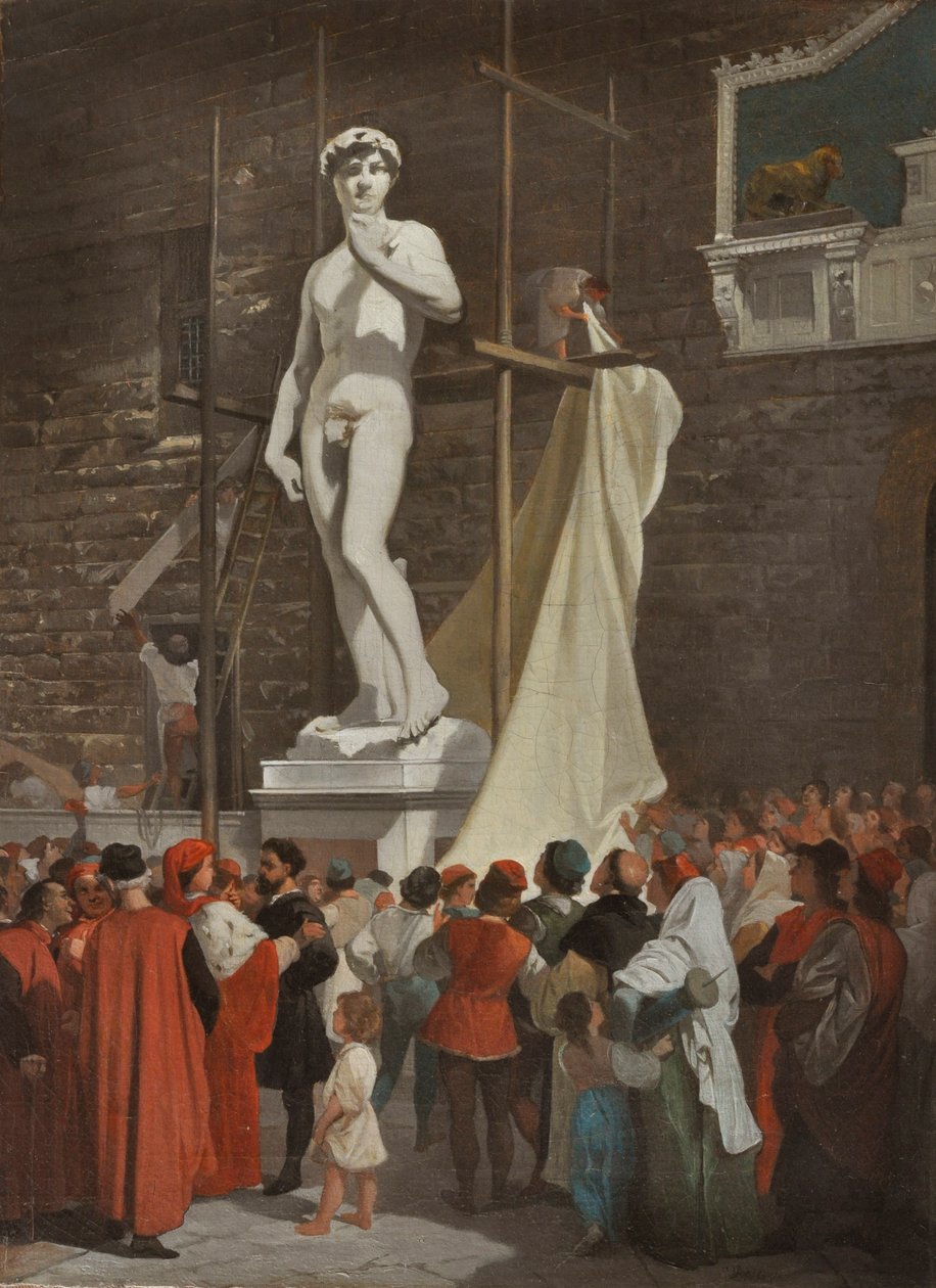 Michelangelo avduker David-statuen, ca. 1863 (olje på lerret) av Enrico Pollastini
