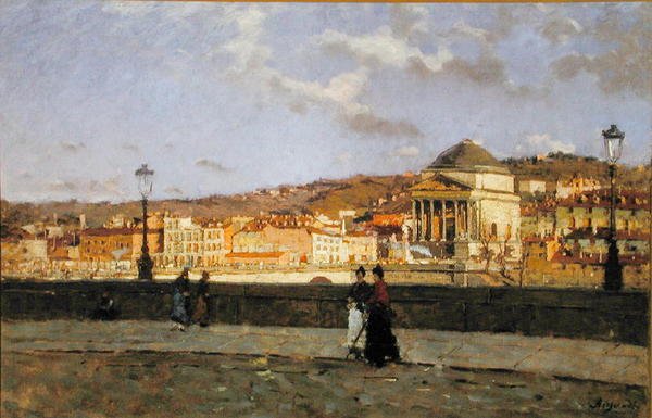 Kai langs elven Po og kirken Grande Madre di Dio, Torino, 1882 av Enrico Reycend